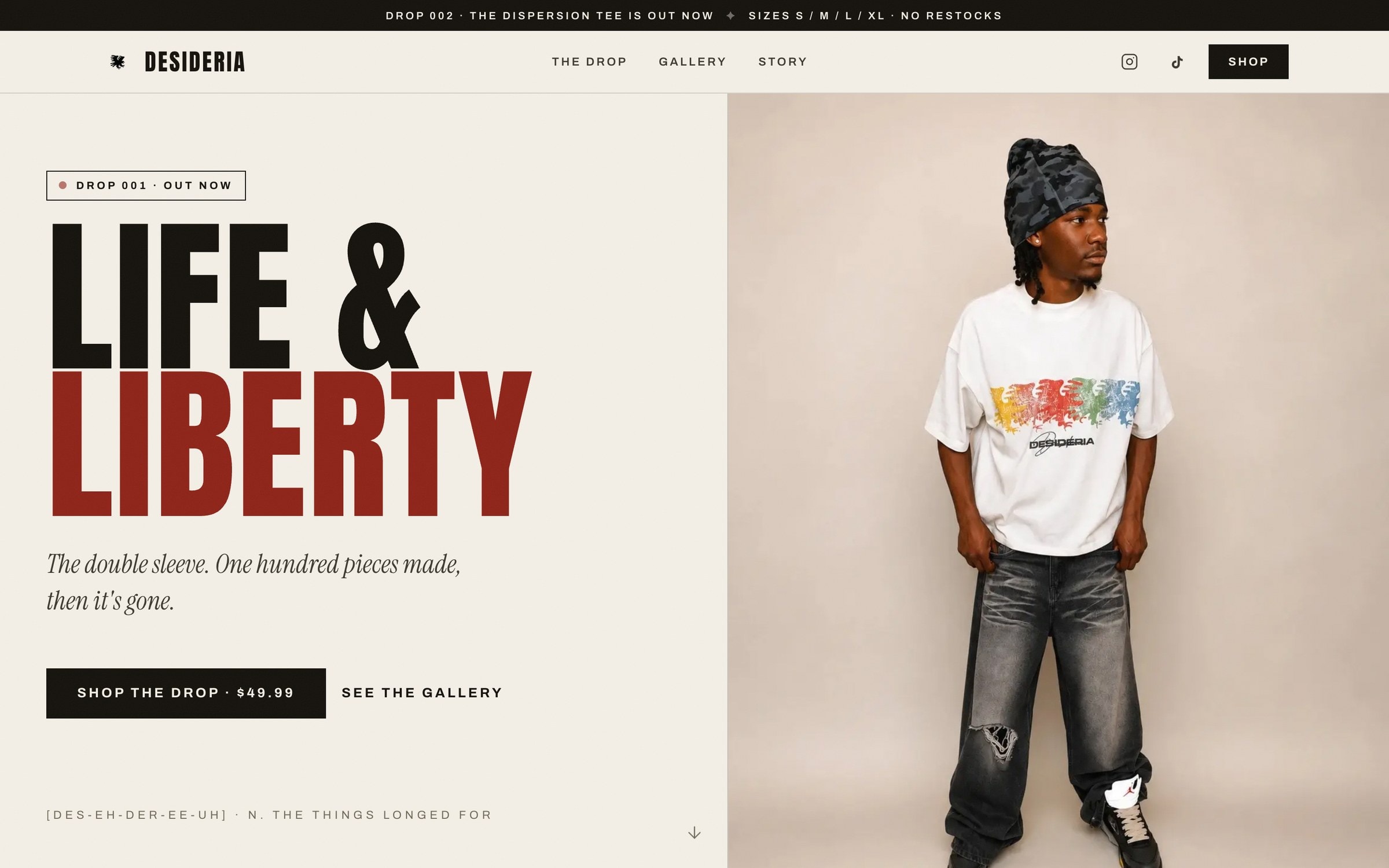 Desideria storefront with the bold Life and Liberty headline beside the clothing model