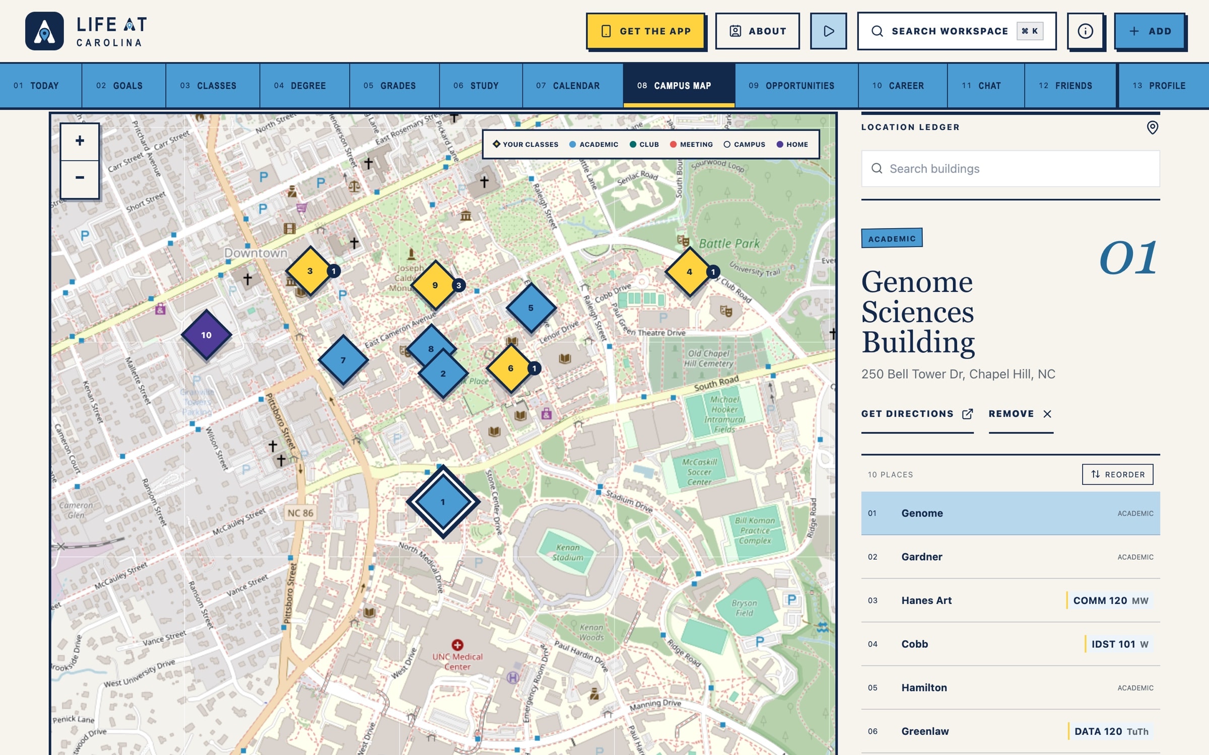 Life at Carolina campus map with numbered diamond pins over Chapel Hill and a location ledger