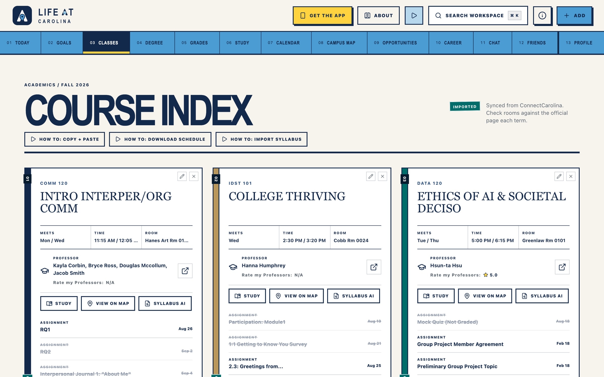 Life at Carolina course index with class cards synced from ConnectCarolina