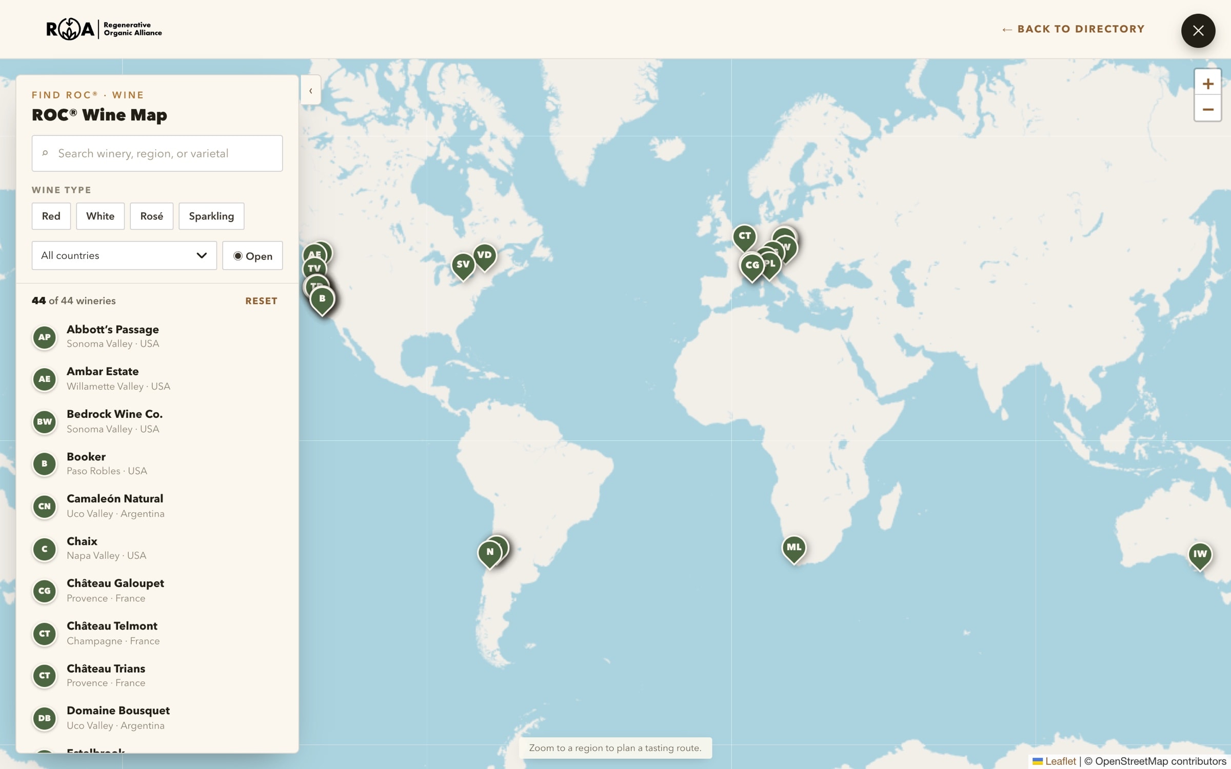 ROC Wine map: every certified winery pinned on a world map beside a searchable list